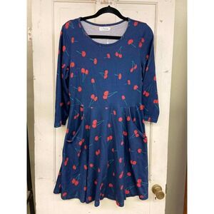 NEW LA Soul Womens Navy Blue Cherry Print Skater Dress Long Sleeve Pockets LARGE